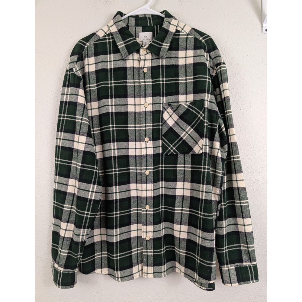 H&M men sz L Relaxed Fit Flannel Shirt green plaid print buttons ls 0778